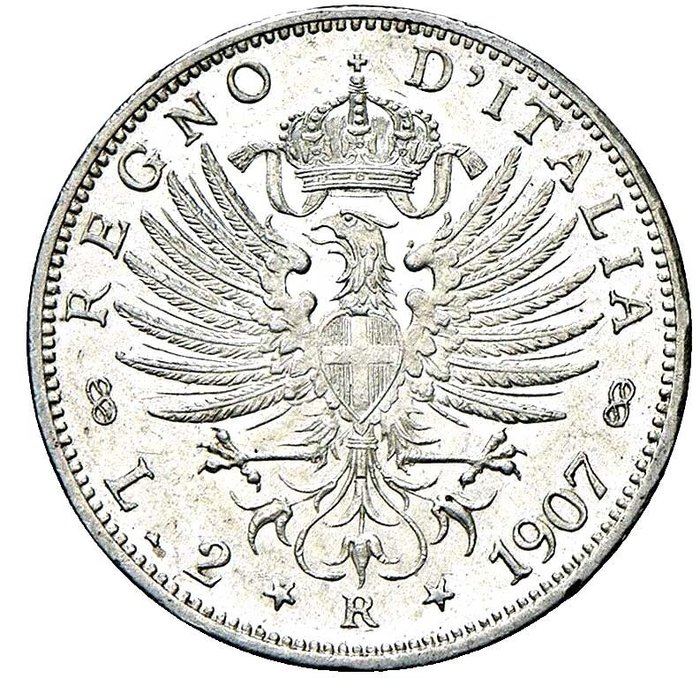 Italy, Kingdom of Italy. Vittorio Emanuele III di Savoia (1900-1946). 2 Lire 1907 "Aquila Sabauda"