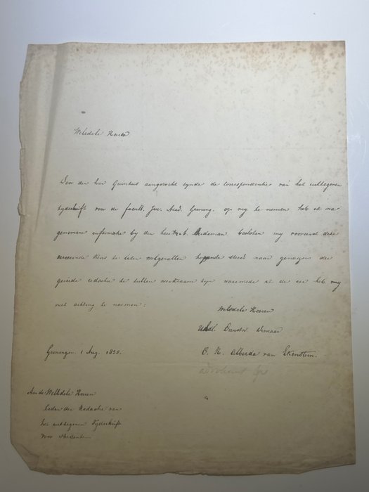 Willem Alberda van Ekenstein (1792-1869) - Autograph letter of the chamberlain of the king - 1835
