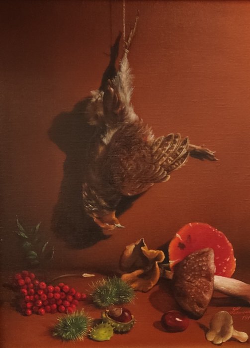 Lauwers P (1932-2008) - Stilleven dode vogel met herfstvruchten en paddestoelen