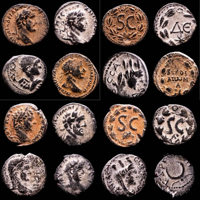 Römische Provinz. Antoninus Pius, Trajan, Elagabalus, Caracalla.. Lot comprising eight (8) bronze coins from Seleucis and Pieria, Antioch ad Orontem, Syria.