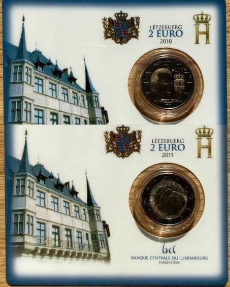 盧森堡. 2 Euro 2010/2011 "Grand-Duc Henri" + "Triple Portrait" (2 coincards)