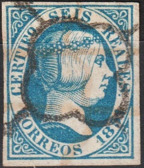 Espanha 1851 - selo - Edifil 10 - Isabel II - 6r. azul. Buen ejemplar