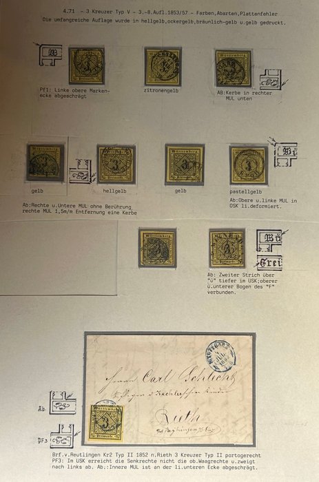 Württemberg 1851 - Spezialsammlung Württemberg - Teil einer Spezialsammlung mit 10x 3 Kr. gelb Mi.Nr. 2 mit Plattenfehler, Abarten, Farben (9 Marken,