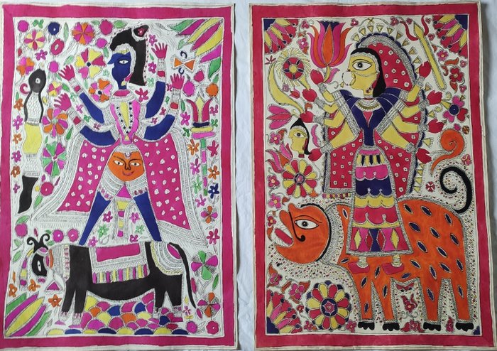 Gemälde von Mithila Shiva und Parvati/Durga - Papier, Pigmente - Indien/Nepal - Mitte der 1970er Jahre