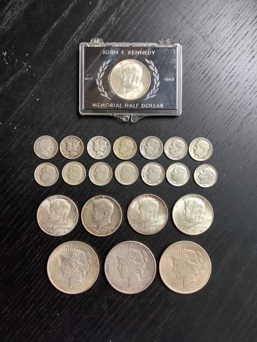 Egyesült Államok. A lot of 22x USA silver coins 1914-1964