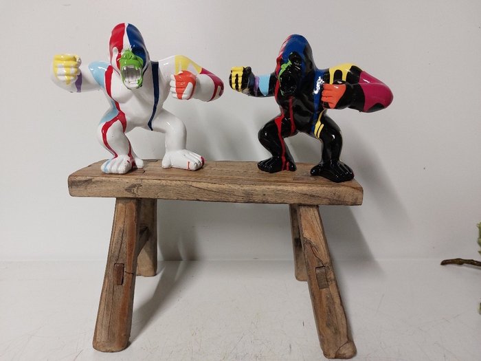 Statua, set of 2 roaring monkeys fine paint finish - 16 cm - poliresina