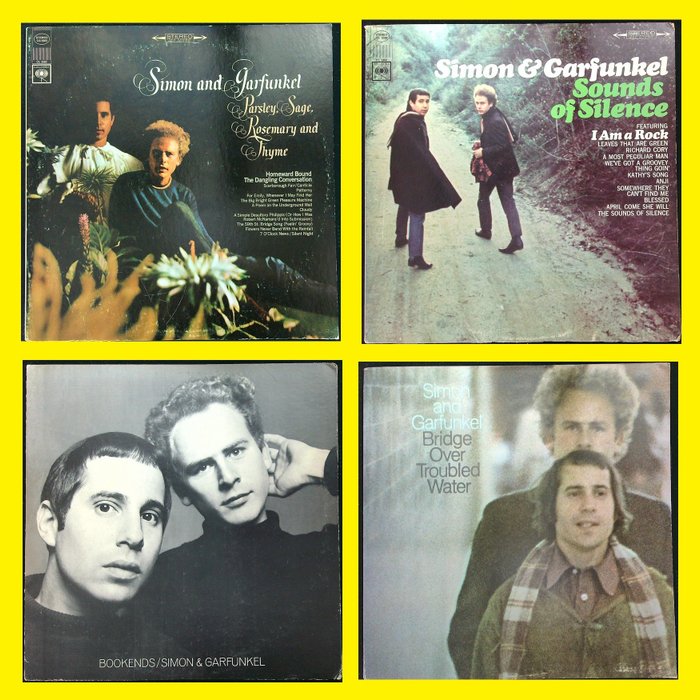 Simon and Garfunkel (Lot of 4 original early pressing LP's) Folk Rock, Pop Rock - 1. Parsley, Sage, Rosemary And Thyme ('66) 2. Sound Of Silence ('66) 3. Bookends ('68) 4. Bridge - Albums LP (plusieurs articles) - Pressages divers (voir description) - 1966