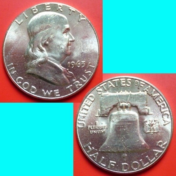 Stati Uniti. A lot of 7x USA Silver Franklin Half Dollars 1963