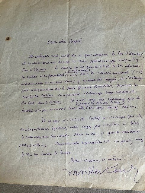 Henry de Montherlant - Lettre autographe signée à l'éditeur Georges Poupet à propos de son roman en cours - 1935