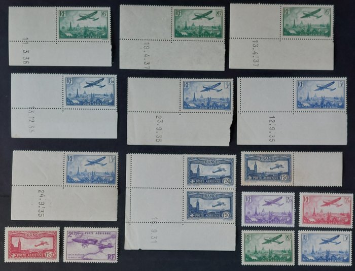 Frankrike 1934/36 - Flygpost, uppsättning frimärken inklusive stämplar med daterat hörn av arket