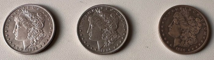 Förenta staterna. A lot of 3x Silver Morgan Dollars 1889-O, 1896 (x2)