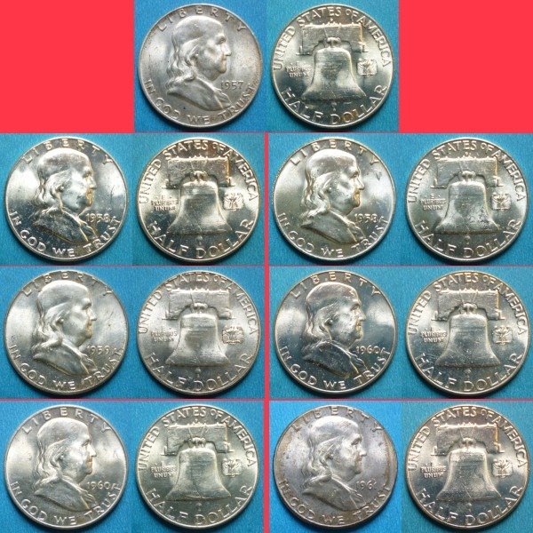 Stany Zjednoczone. Lot of 7x Silver Franklin Halves 1957 - 1961