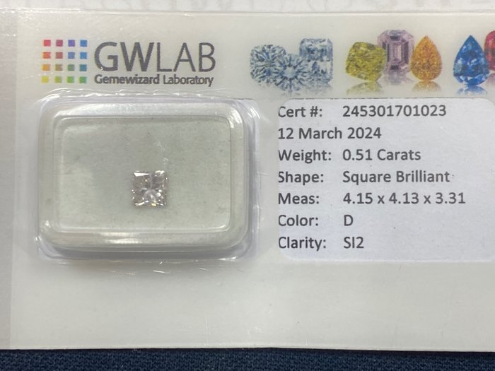 1 pcs Diamond - 0.51 ct - Square - D (colourless) - SI2, NO RESERVE PRICE