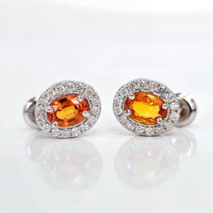 没有保留价 - 2.20 ct Orange Sapphire & 0.52 ct F-G Diamond Earrings - 2.66 gr 耳环 - 白金 椭圆形 蓝宝石 - 钻石 