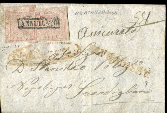 Italian Ancient States - Naples 1858 - "Insured" double port from Catanzaro to Naples franked for 6 grana - Sassone  3+8.