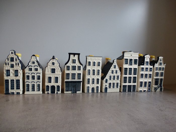 Bols - Personnage miniature - Neuf maisons KLM - Bleu de Delft, faïence