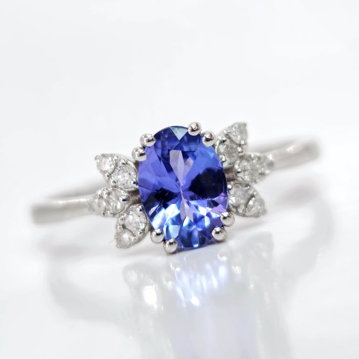 Zonder Minimumprijs - 0.75 ct Blue Tanzanite & 0.14 ct F-G Diamond Ring - 2.07 gr Ring - Witgoud Tanzaniet - Diamant 