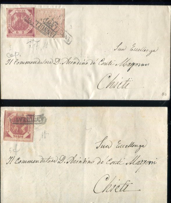 Antikke Italienske Stater - Napoli 1858 - 2 dokumenter med forskellig frankering med 1 og 2 korn - Sassone 5f, 3+5f.