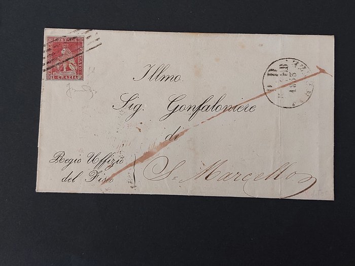Anciens états italiens - Toscane 1851 - Enveloppe feuilletée timbrée à 1 cracy carmin - Sassone n. 4