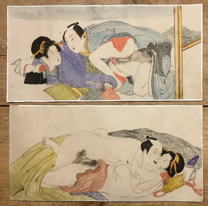 Twee langwerpige shunga schilderingen op papier - Onbekende kunstenaar - Japón