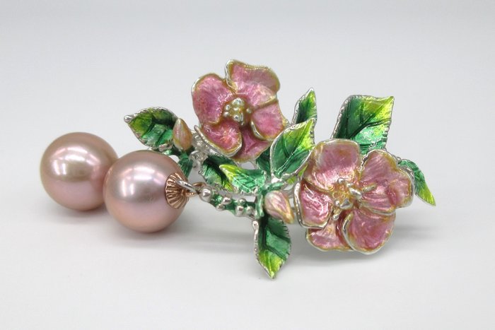 EHINGER SCHWARZ 1876 + AB Pearls 4U Earrings - WILDROSEN - Silver, Enamel & Pink Freshwater Pearls 