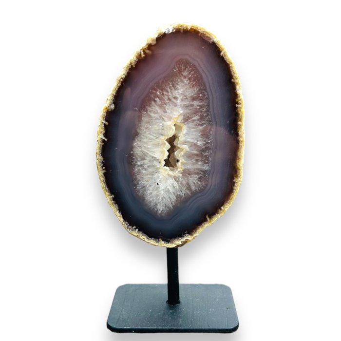 Agate with crystallization on iron stand Vrije vorm - Hoogte: 15 cm - Breedte: 7 cm- 702 g