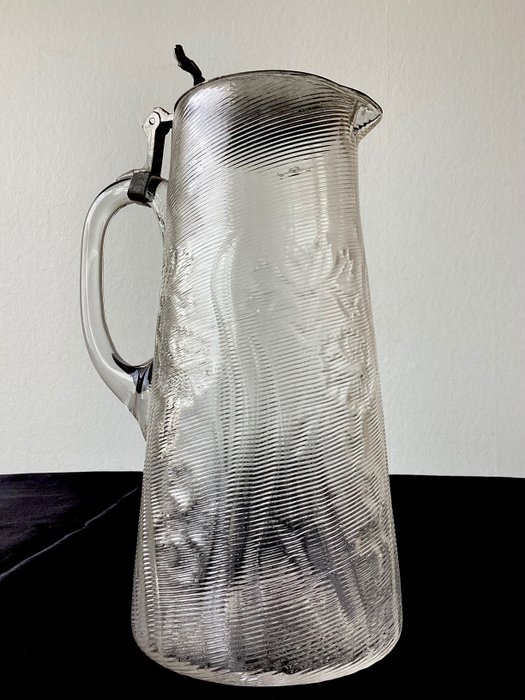 Art Deco Schenkkan, artisanaal geblazen glas versierd met korenbloemen - Derítőedény - Üveg