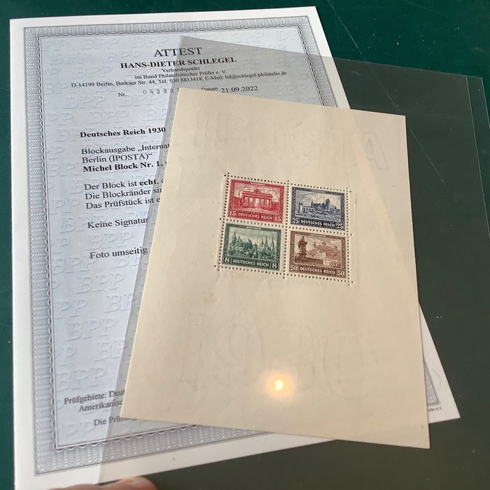 德意志帝国 1930 - 带有照片证书的 IPOSTA 块 Schlegel BPP - Michel blok 1