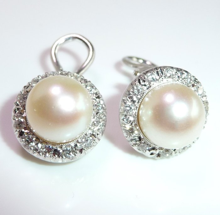 Boucles d'oreilles - 18 carats Or blanc Diamant  (Naturelle) - Perle 