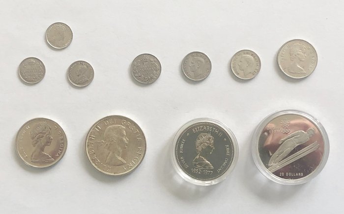 Kanada. An interesting selection of 11x Canadian silver coins 1909-1987