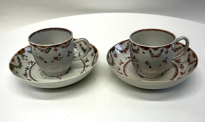Antique 18th Century Chinese Famille Rose Export Porcelain Tea Cup & Saucer - Tigela - Porcelana