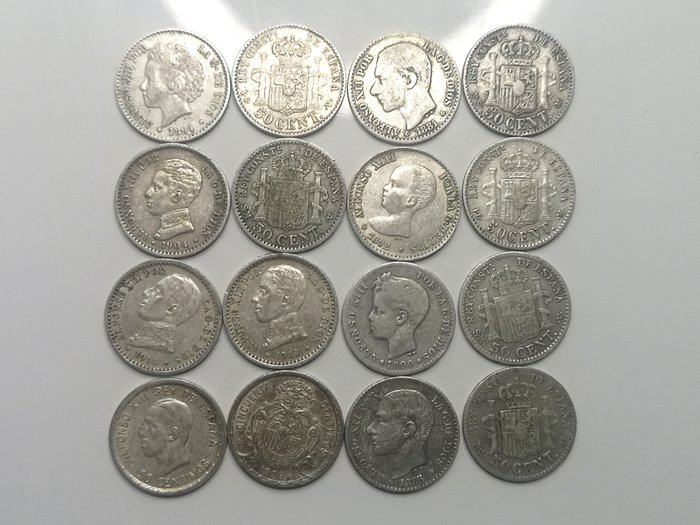 Spanien. Alfonso XII (1874-1885). 50 centimos 1881/1926 (16 monedas)
