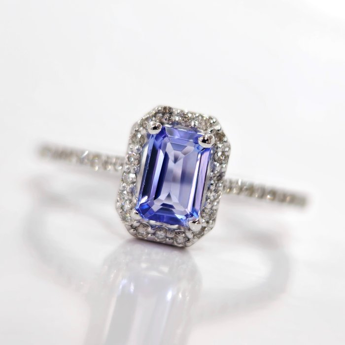 Ohne Mindestpreis - 0.60 ct Blue Tanzanite & 0.26 ct F-G Diamond Ring - 1.97 gr Ring - Weißgold Tansanit - Diamant 