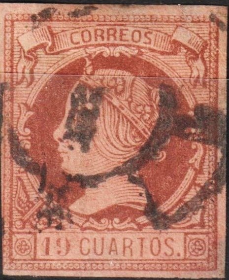 Spania 1860/1861 - sigiliu - Edifil 54 - Isabel II -19 cu. castaño s. salmon. Gran color