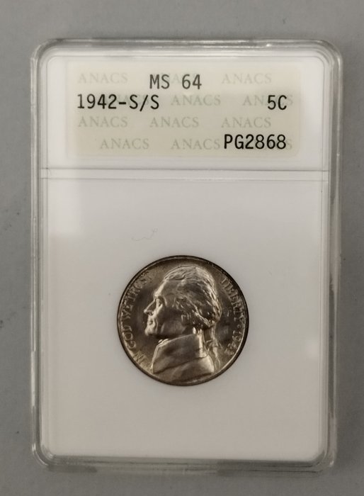 Ηνωμένες Πολιτείες. Silver Wartime 5c Nickel 1942 S/S, ANACS MS64 RARE VARIETY!