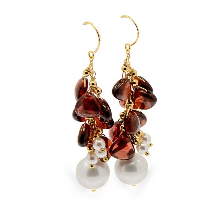 No Reserve Price Earrings - Yellow gold Pearl - Garnet 