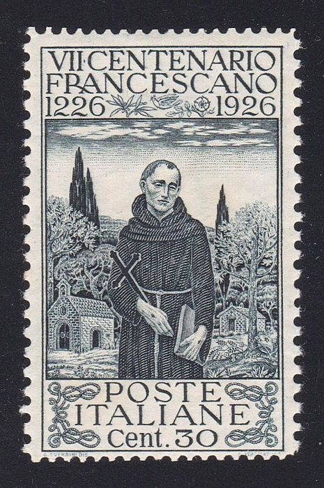 Regatul Italiei 1926 - Sfântul Francisc „Varietul” 30 de cenți. perforație mixtă 13½ x 11¼ - Catalogo CEI N 188i