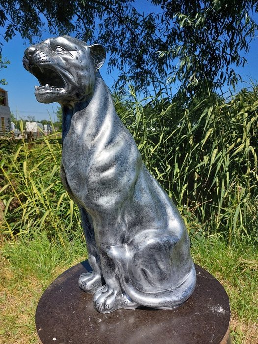 塑像, 80 cm high garden statue panther in silver bronze color - 80 cm - 聚树脂