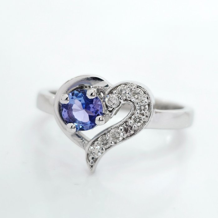 Zonder Minimumprijs - 0.70 ct Purplish Blue Tanzanite & 0.30 ct F-G Diamond Heart Ring - 3.41 gr Ring - Witgoud Hart Tanzaniet - Diamant 