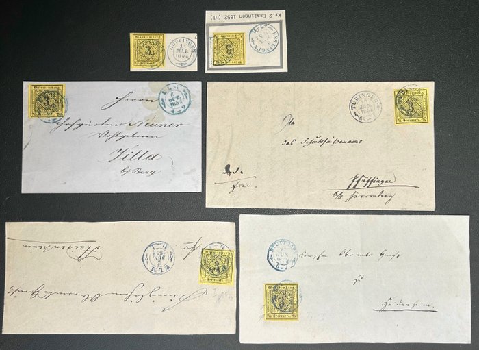 符騰堡 1851 - 符騰堡特別收藏 - Lot mit nur blaue Stempel auf 2 Briefen, 2 Briefvorderseiten, 2 Briefstücken mit 3 Kr. gelb Mi.Nr. 2