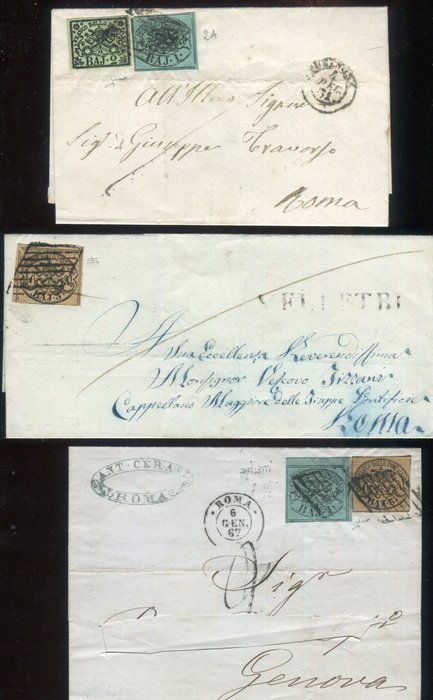 Antichi Stati italiani - Stato Pontificio 1852/1864 - Bel lotto di 3 documenti con diverse affrancature. - Sassone 2A, 2B, 3, 4.