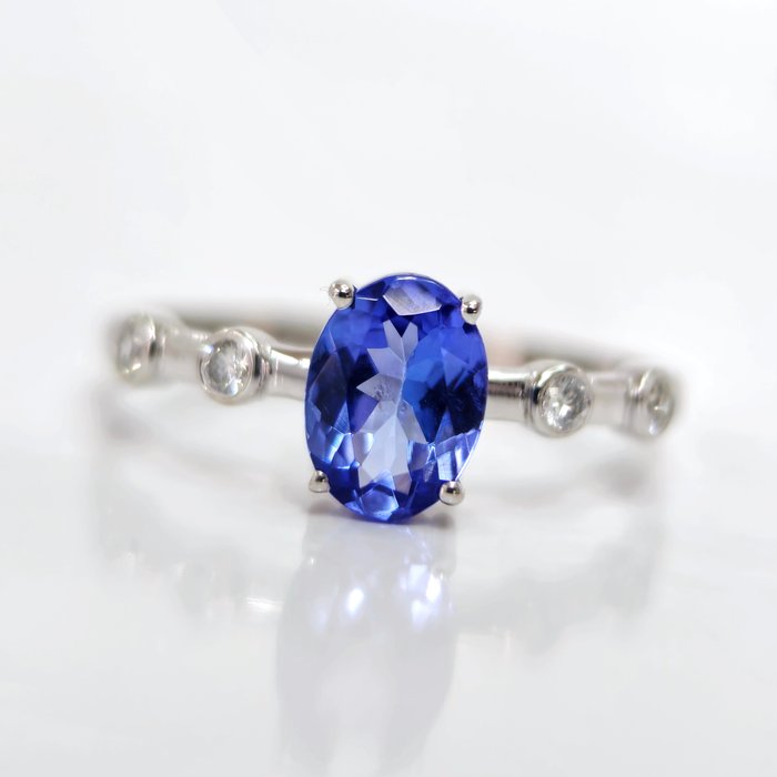Ohne Mindestpreis - 0.75 ct Blue Tanzanite & 0.10 ct F-G Diamond Ring - 1.43 gr Ring - Weißgold Tansanit - Diamant 