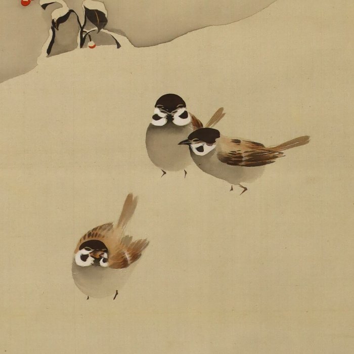"Sparrows and snow" - With signature 'Taisen' 大僊 - Taisen (?-?) - 日本