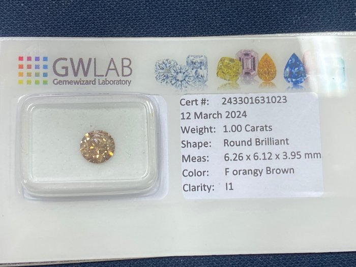 1 pcs 鑽石 - 1.00 ct - 圓形 - Fancy orangy brown - I1, NO RESERVE PRICE
