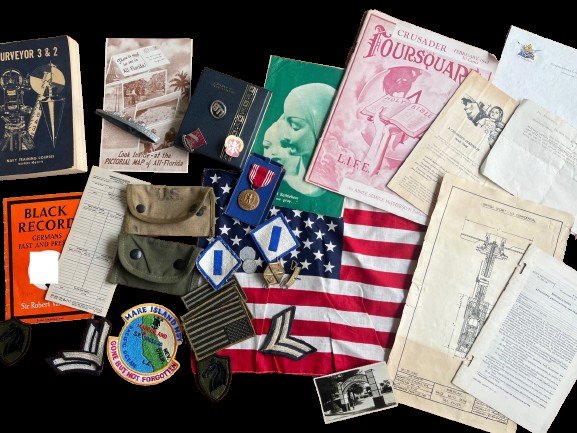 États-Unis d'Amérique - US WW2 / destin d'après-guerre ; Pochettes, drapeau américain, insignes, médaille de bonne conduite - Équipement militaire