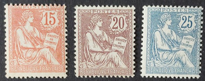 Francia 1902 - Mouchon ritoccata, serie di 3 francobolli - Yvert 125-127