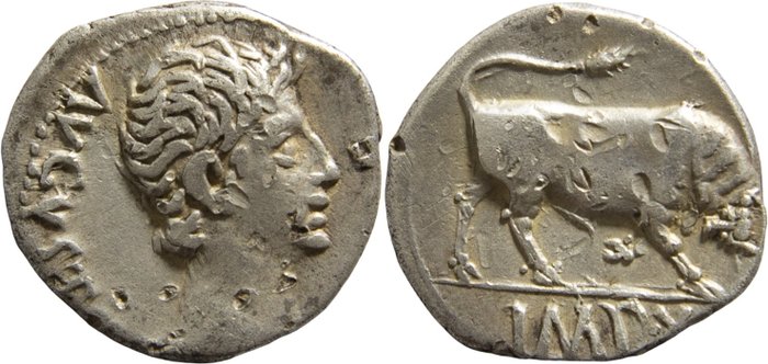 羅馬帝國. 奧古斯都 (27 BC-AD 14). Denarius Lugdunum, 15-13 BC. Bull butting to right; IMP•X in exergue