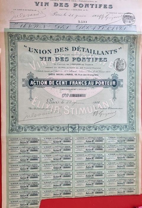 Colección de bonos y acciones - Action S. A. du VIN DES PONTIFES 1908 - Cupones