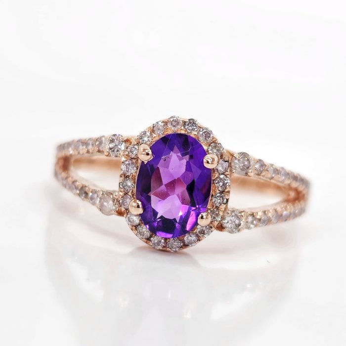 Ei pohjahintaa - 0.70 ct Purple Amethyst & 0.42 ct N.Fancy Pink Diamond Ring - 2.19 gr - Sormus - 14 kt. Ruusukulta Ametisti