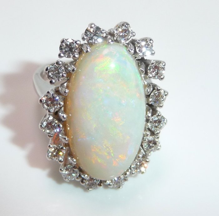 Ring - 14 karat Hvidguld Diamant  (Natur) - Opal 
